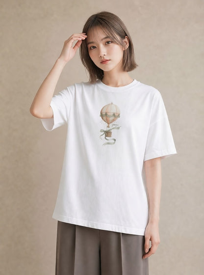 プリントTシャツ レディース 紙風船 和紙 ナチュラル アンティーク イラスト きれいめカジュアル 夏コーデ 通学 白T