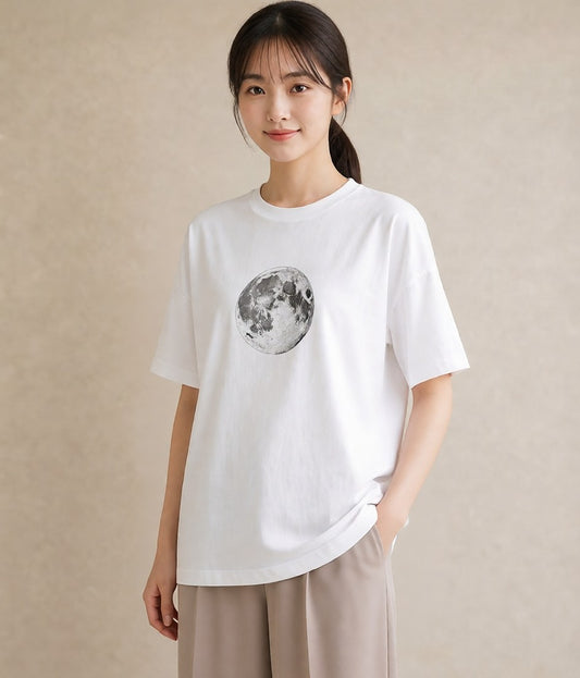 半袖Tシャツ レディース 満月 星空 宇宙 イラスト 個性的 買い物 夏コーデ 白T