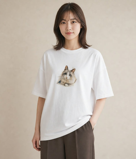 デザインTシャツ レディース ペルシャ 猫 ねこ イラスト ニュアンス 普段着 週末コーデ 白T