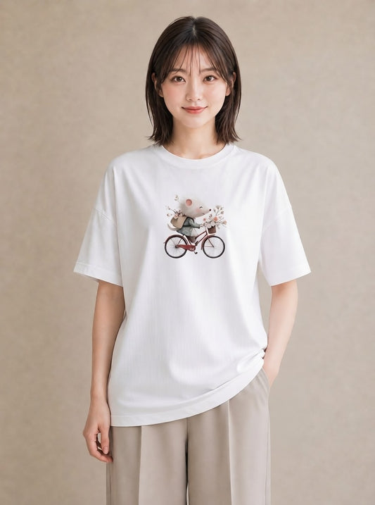 半袖Tシャツ レディース 自転車のかご 自転車 花かご ナチュラル アンティーク イラスト 韓国風 公園 ママ 白T