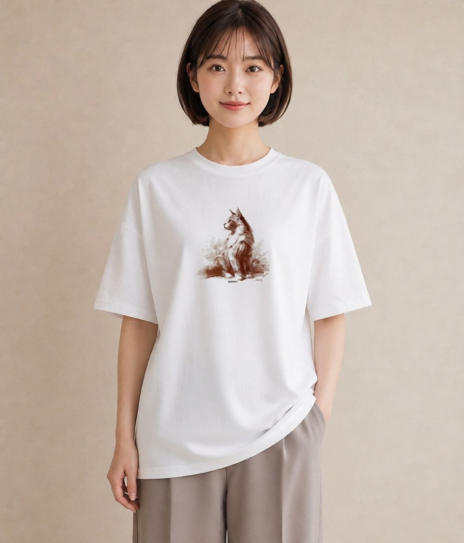 デザインTシャツ レディース 猫 ねこ イラスト 抜け感 通勤 在宅 白T