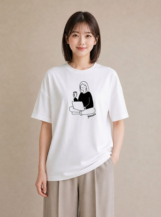 半袖Tシャツ レディース 本 読書 ブック イラスト カフェコーデ 休日 ペアコーデ 白T