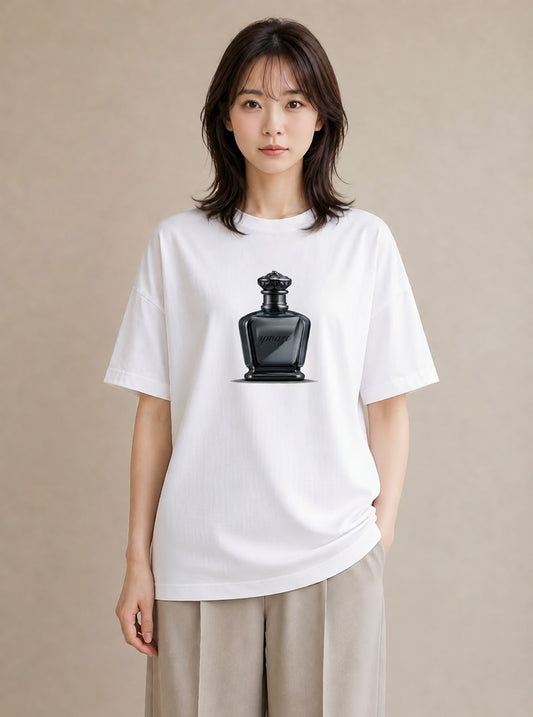 プリントTシャツ レディース 香水 香水瓶 パフューム イラスト 線画 カジュアルコーデ 買い物 白T