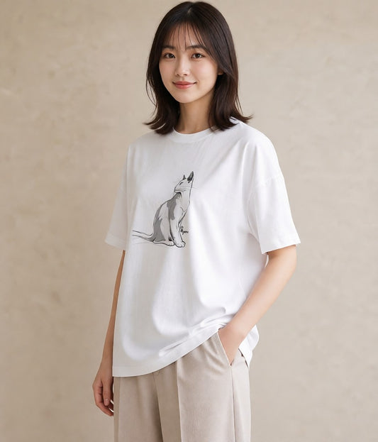 半袖Tシャツ レディース 白猫 猫 ねこ イラスト 抜け感 海 カフェ巡り 白T