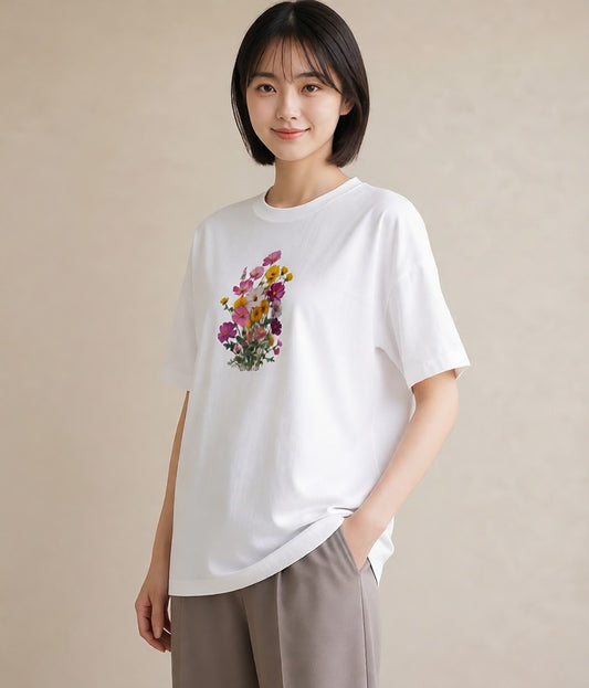 半袖Tシャツ レディース コスモス 秋桜 花 花柄 イラスト ゆるかわ お出かけ 普段着 白T