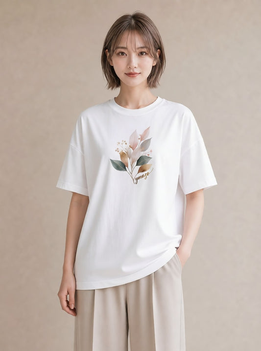 デザインTシャツ レディース 落ち葉 植物 ボタニカル イラスト フェミニン カフェ巡り 女子会 白T