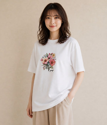 Tシャツ レディース コスモス 秋桜 花 花柄 イラスト ラフカジュアル おしゃれギフト 社会人 白T