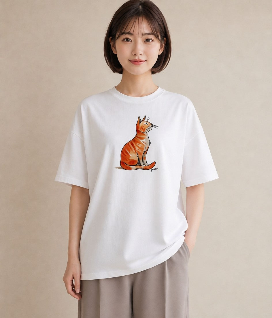グラフィックTシャツ レディース 猫好き 猫 ねこ イラスト 韓国風 休日 ペアコーデ 白T