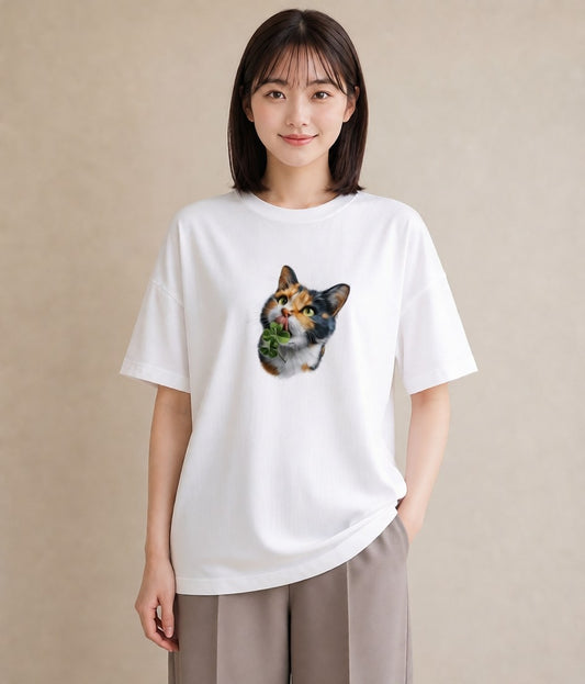 Tシャツ レディース 三毛猫 みけねこ 三毛 猫 ねこ イラスト カフェコーデ 綿100 デート 白T