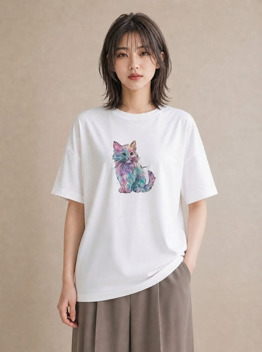 デザインTシャツ レディース ソマリ 猫 ねこ イラスト 休日コーデ 自分用 ルームウェア 白T