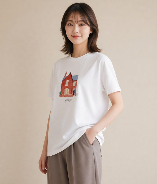 半袖Tシャツ レディース 湖畔の小屋 湖 小屋 ナチュラル アンティーク イラスト ユニーク 母の日 ビーチ 白T