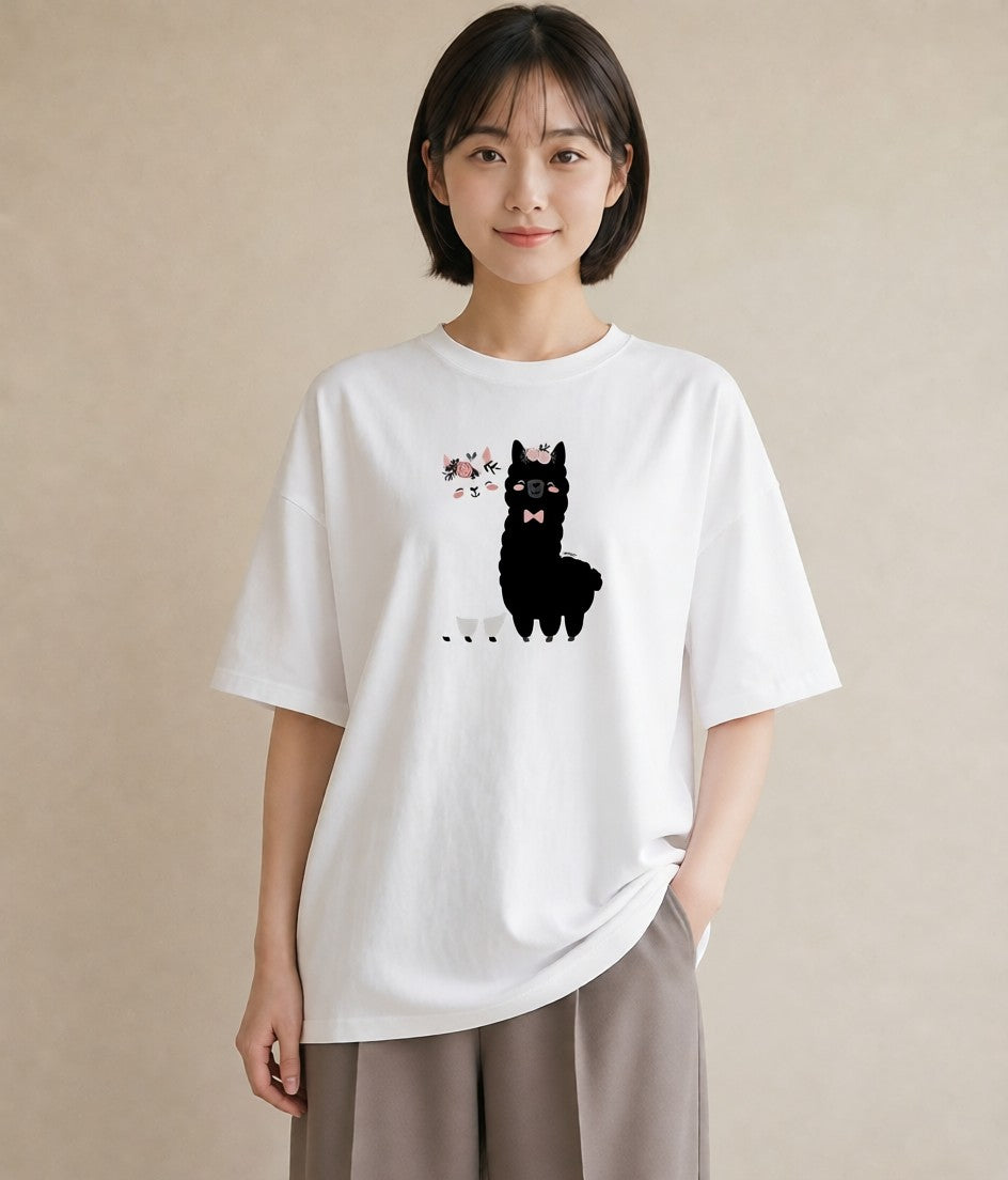 半袖Tシャツ レディース アルパカ 動物 アニマル イラスト 旅行コーデ ビーチ デイリーウェア 白T
