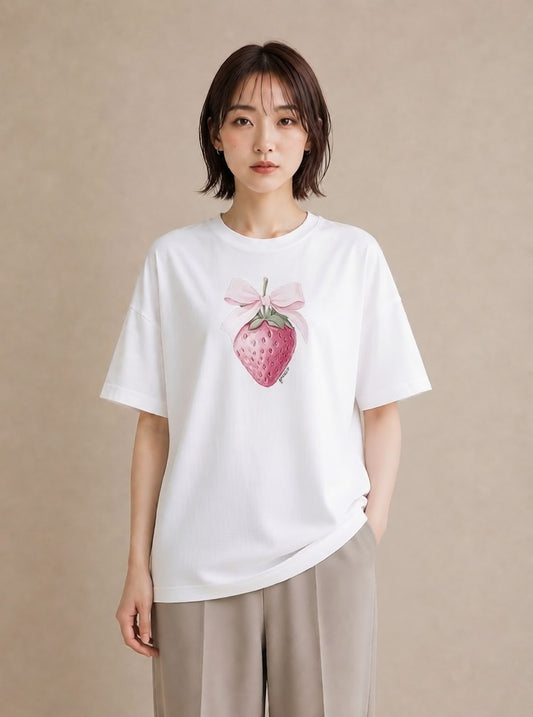 Tシャツ レディース いちご 苺 ストロベリー 食べ物 フード イラスト ミニマル ホワイトデー 春服 白T