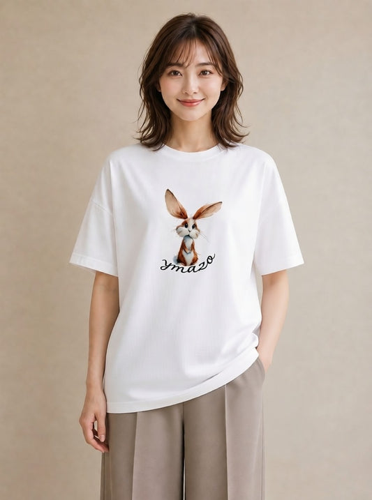 Tシャツ レディース ロップイヤー ペット 動物 イラスト アート風 ビーチ デイリーウェア 白T
