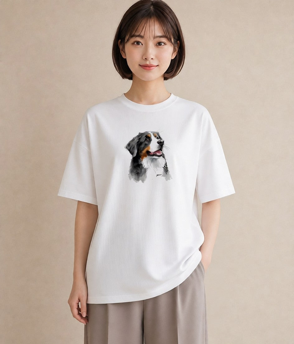Tシャツ レディース バーニーズマウンテンドッグ 犬 いぬ イラスト ゆるコーデ ラフ レイヤード 白T