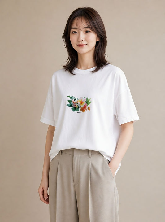 Tシャツ レディース ゆり 百合 花 花柄 イラスト 北欧風 旅行用 海 白T