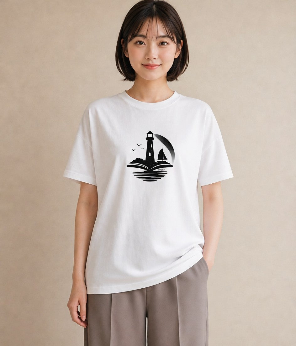グラフィックTシャツ レディース 灯台 霧 海 ナチュラル アンティーク イラスト 個性的 ホワイトデー 春服 白T