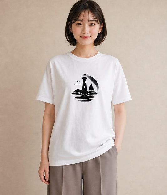グラフィックTシャツ レディース 灯台 霧 海 ナチュラル アンティーク イラスト 個性的 ホワイトデー 春服 白T