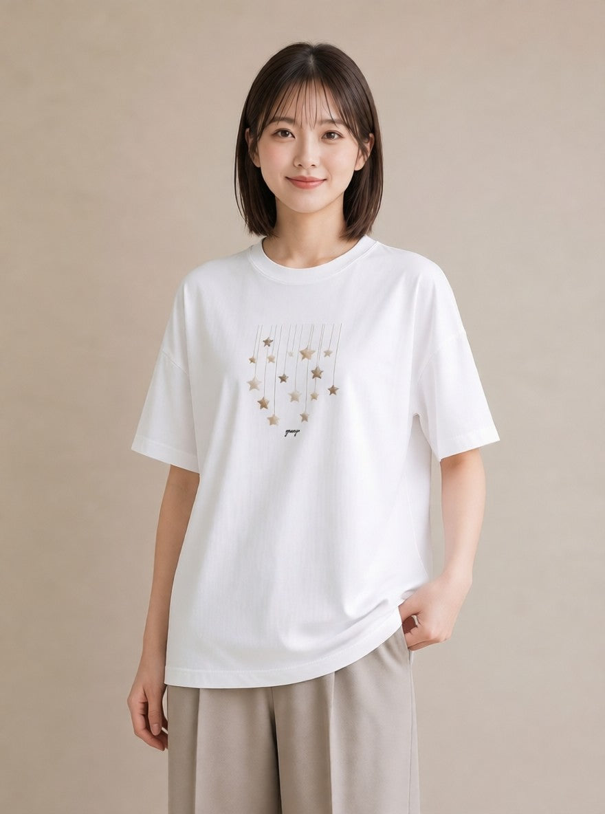 プリントTシャツ レディース スター 星空 宇宙 イラスト カジュアル 帰省 ラフ 白T