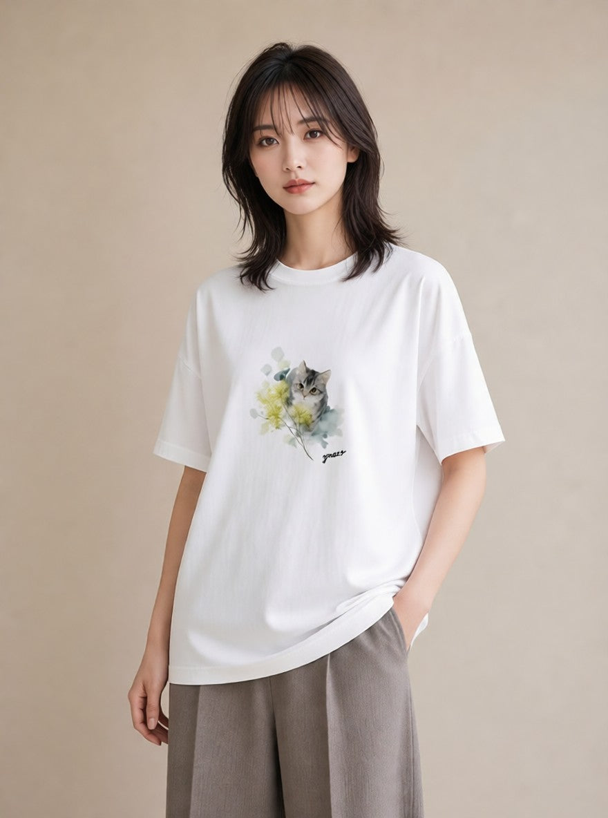 プリントTシャツ レディース 猫好き 猫 ねこ イラスト 淡色 友達ギフト 部屋着 白T