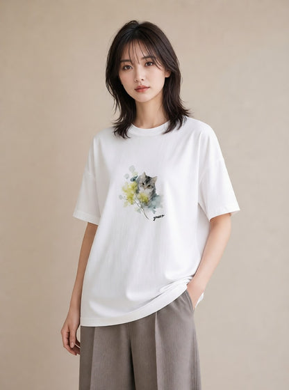 プリントTシャツ レディース 猫好き 猫 ねこ イラスト 淡色 友達ギフト 部屋着 白T