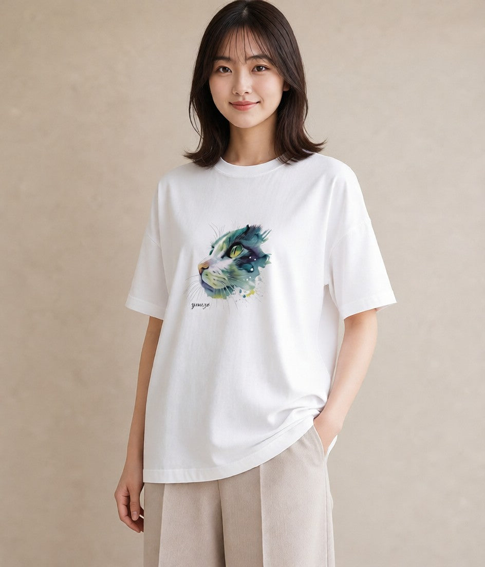 デザインTシャツ レディース サビ猫 猫 ねこ イラスト モード 誕生日プレゼント 綿100 白T