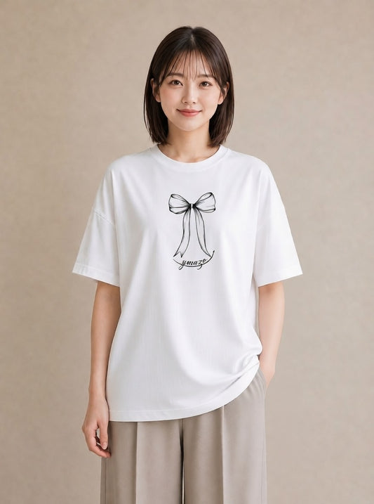Tシャツ レディース リボン ボウ りぼん イラスト ヴィンテージ風 母の日 ビーチ 白T