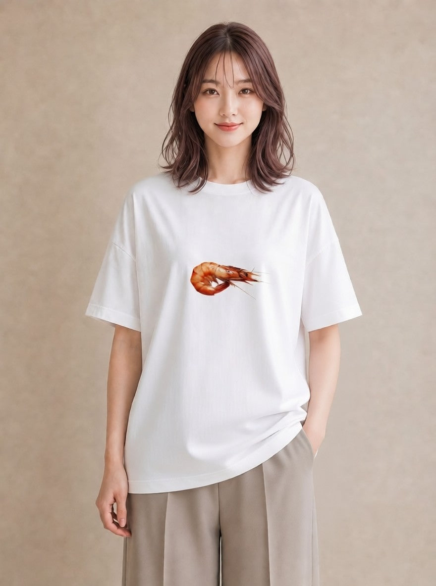 半袖Tシャツ レディース エビ 海の生き物 海 イラスト 水彩風 ビーチ デイリーウェア 白T