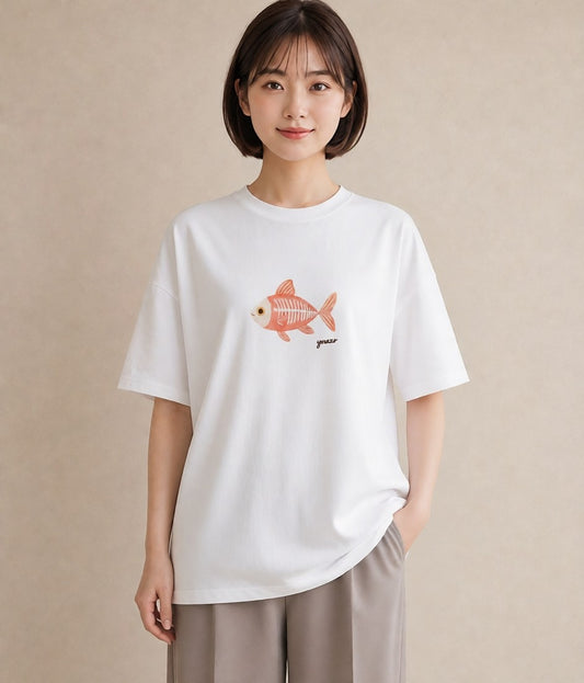 デザインTシャツ レディース メダカ ペット 動物 イラスト ニュアンス デイリーウェア 休日 白T