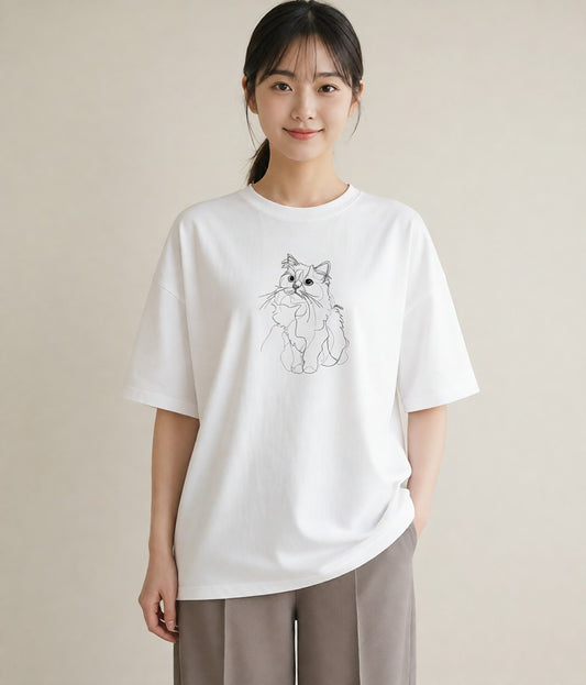 半袖Tシャツ レディース 猫 ねこ ネコ イラスト ポップ 買い物 夏コーデ 白T