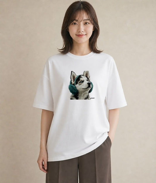 デザインTシャツ レディース シベリアンハスキー 犬 いぬ イラスト きれいめ 送別ギフト 通勤 白T
