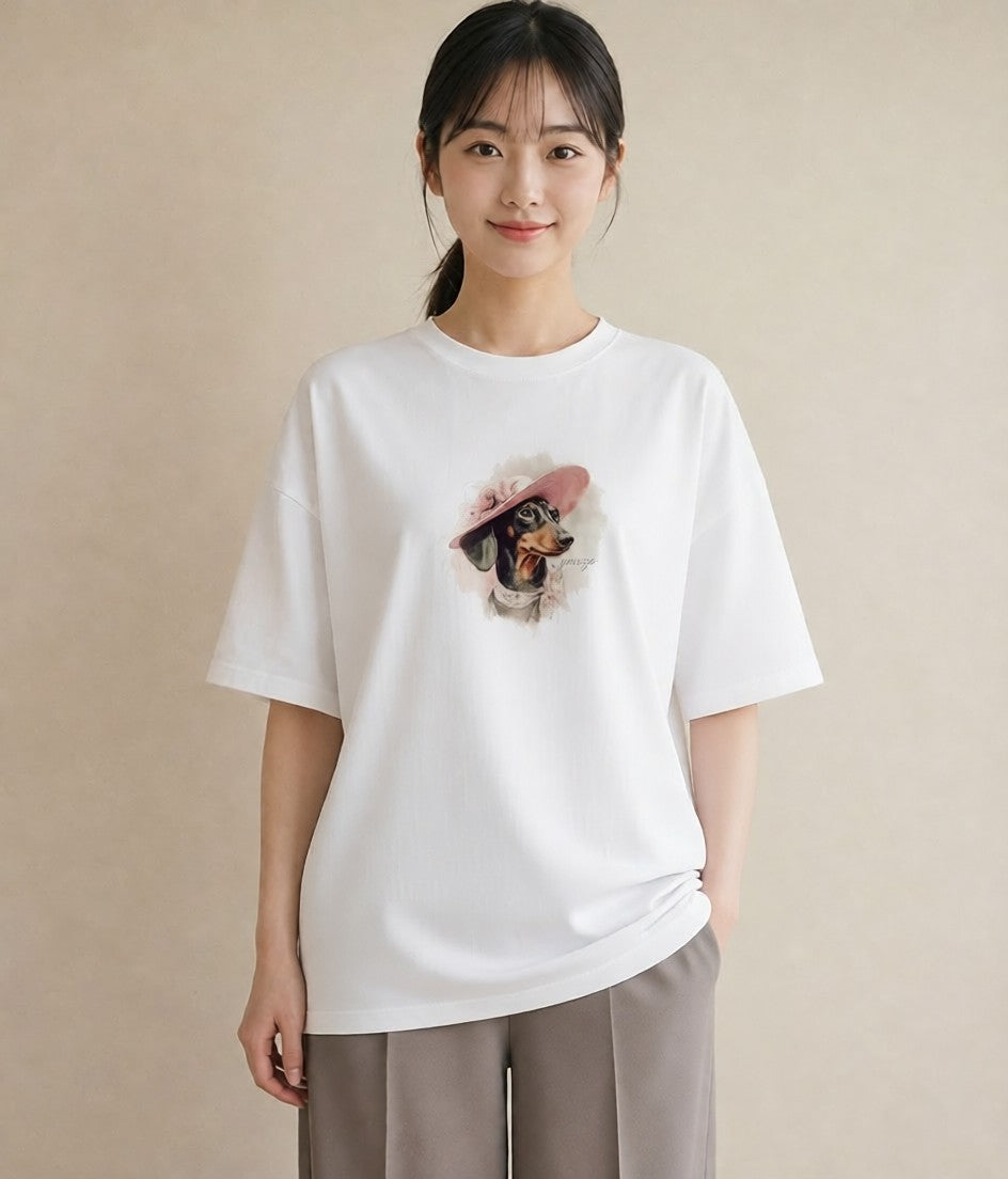 半袖Tシャツ レディース ミニチュアダックスフンド 犬 いぬ イラスト シック 夏コーデ 通学 白T