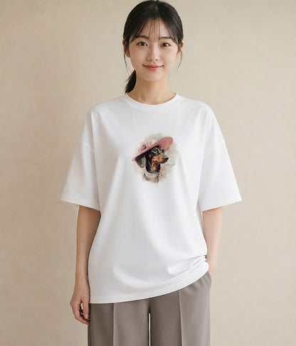 半袖Tシャツ レディース ミニチュアダックスフンド 犬 いぬ イラスト シック 夏コーデ 通学 白T