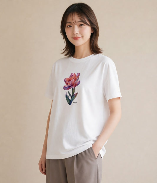 プリントTシャツ レディース チューリップ 花 花柄 イラスト ミニマル 部屋着 女性向けギフト 白T