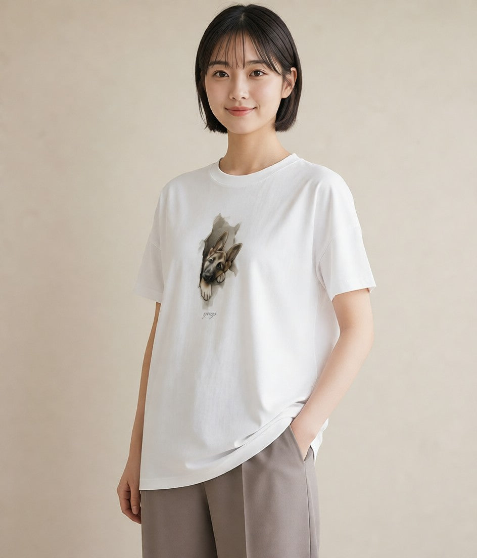 デザインTシャツ レディース ジャーマンシェパード 犬 いぬ イラスト ラフ 休日 ペアコーデ 白T