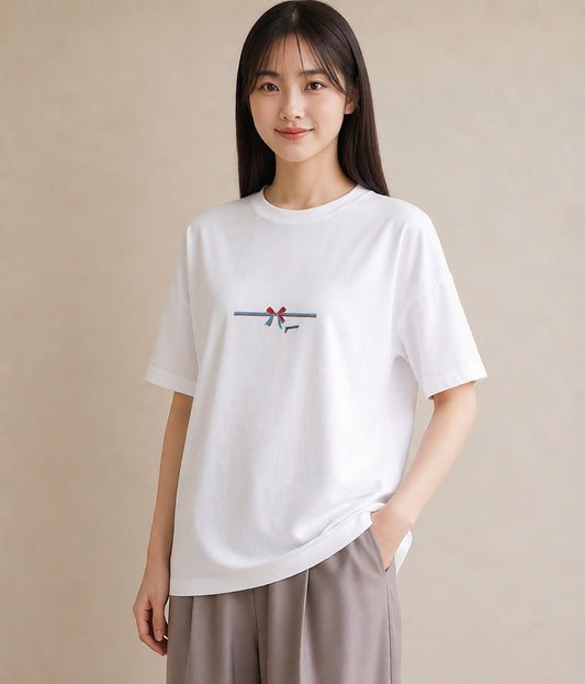 プリントTシャツ レディース リボン ボウ りぼん イラスト 普段使い 通勤 在宅 白T