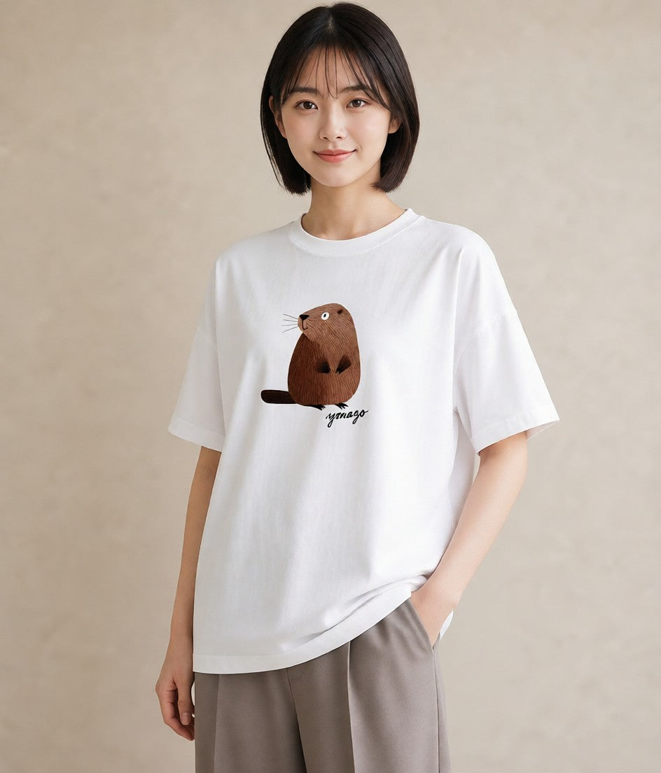 半袖Tシャツ レディース コツメカワウソ 動物 アニマル イラスト 線画 女性向けギフト 散歩 白T