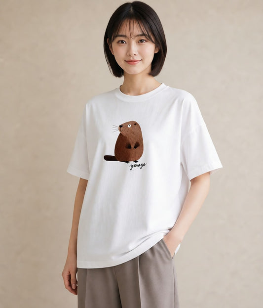 半袖Tシャツ レディース コツメカワウソ 動物 アニマル イラスト 線画 女性向けギフト 散歩 白T