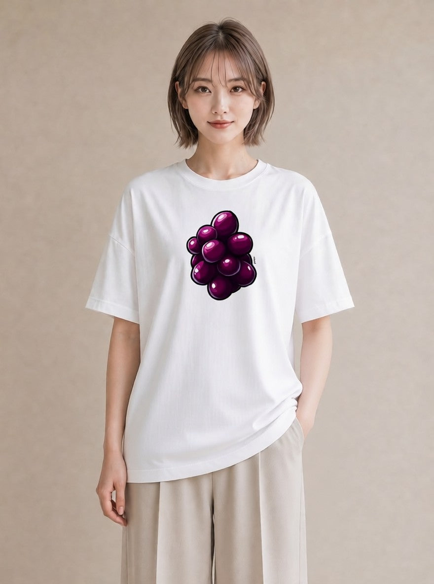 グラフィックTシャツ レディース ぶどう 葡萄 食べ物 フード イラスト 水彩風 友達ギフト 部屋着 白T