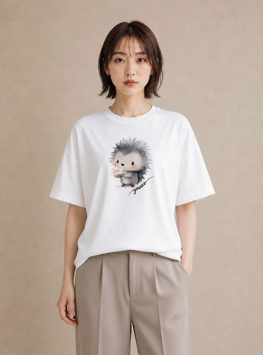 プリントTシャツ レディース ハリネズミ ペット 動物 イラスト 上品 春コーデ 姉妹 白T