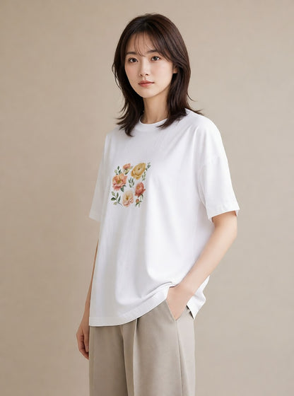 プリントTシャツ レディース 椿 花 花柄 イラスト 淡色 デイリーウェア 休日 白T