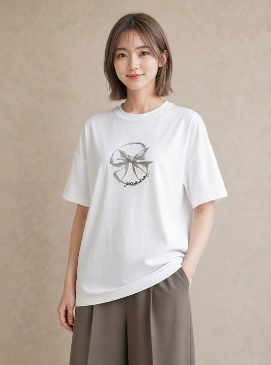 Tシャツ レディース リボン ボウ りぼん イラスト ボタニカル 敬老の日 ホワイトデー 白T