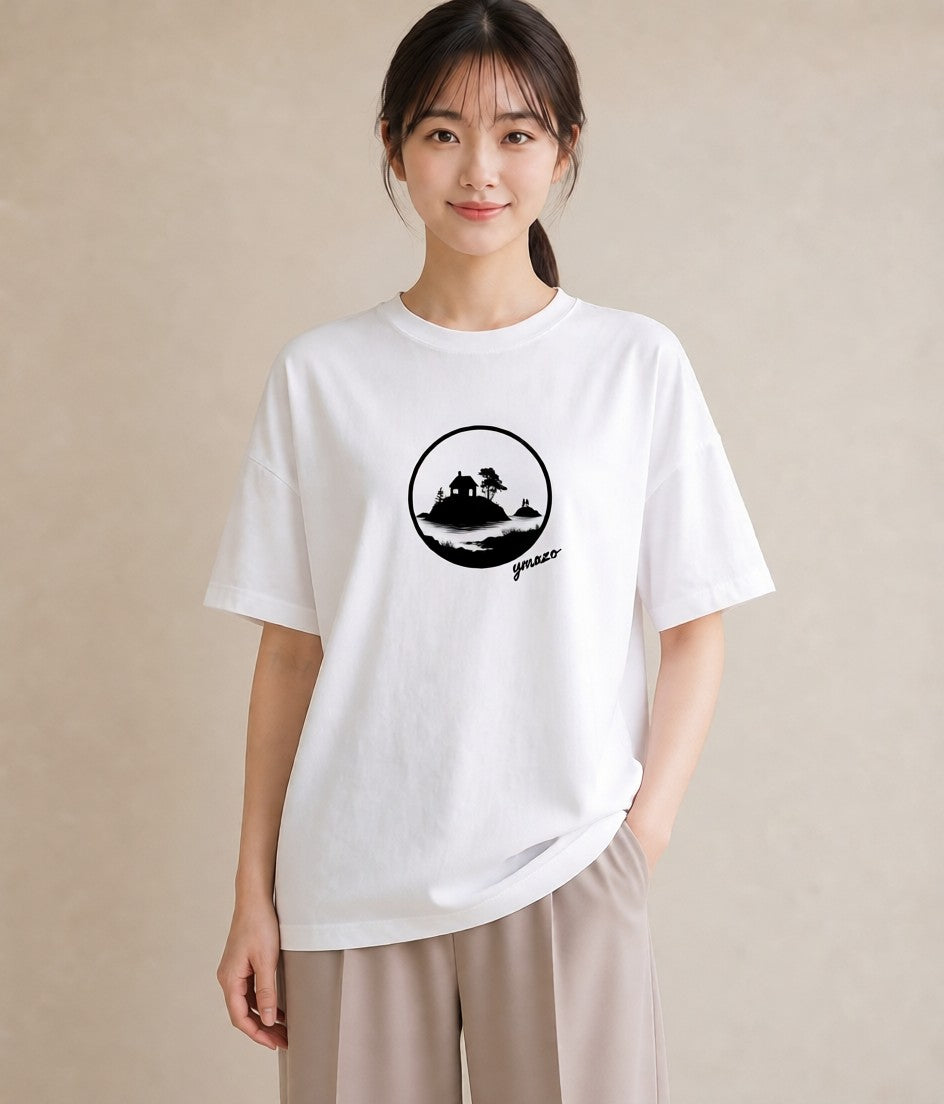 デザインTシャツ レディース 湖畔の小屋 湖 小屋 ナチュラル アンティーク イラスト モード 散歩 お出かけ 白T