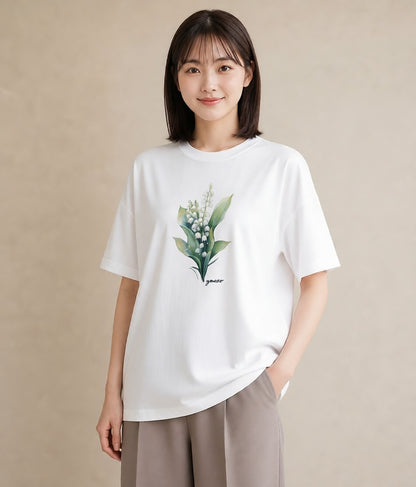 グラフィックTシャツ レディース すずらん 花 花柄 イラスト きれいめ 部屋着 女性向けギフト 白T