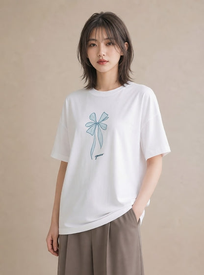 デザインTシャツ レディース リボン ボウ りぼん イラスト ラフ 公園 ママ 白T