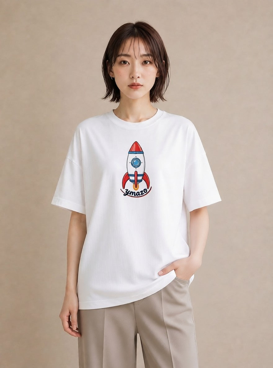 Tシャツ レディース ロケット 星空 宇宙 イラスト ヴィンテージ風 普段着 週末コーデ 白T