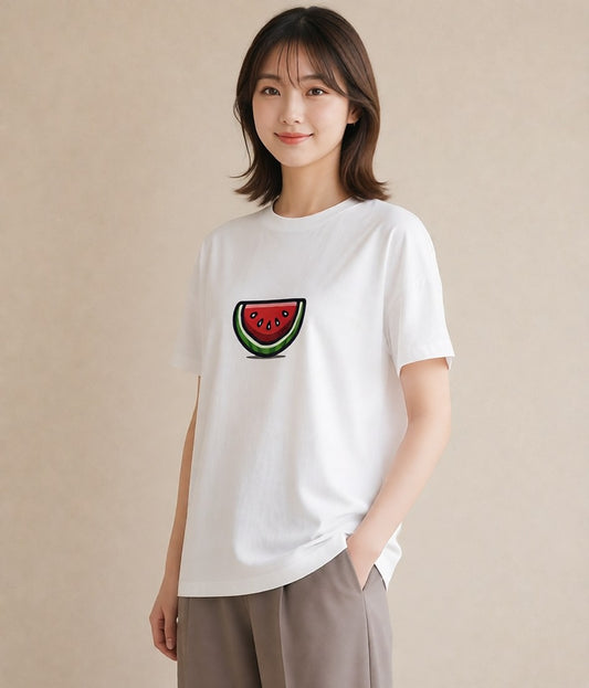 半袖Tシャツ レディース すいか 食べ物 フード イラスト 淡色 ギフト 母の日 白T