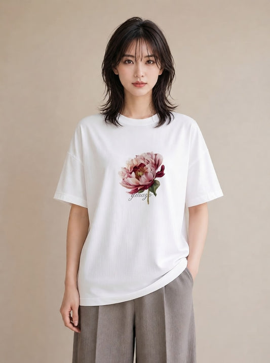 半袖Tシャツ レディース 牡丹 花 花柄 イラスト ゆるコーデ デイリーウェア 休日 白T