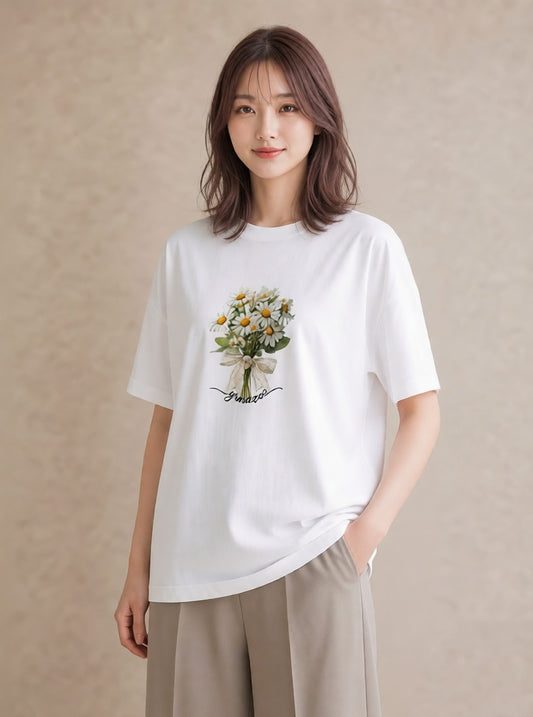 Tシャツ レディース マーガレット 花 花柄 イラスト きれいめ ギフト 母の日 白T