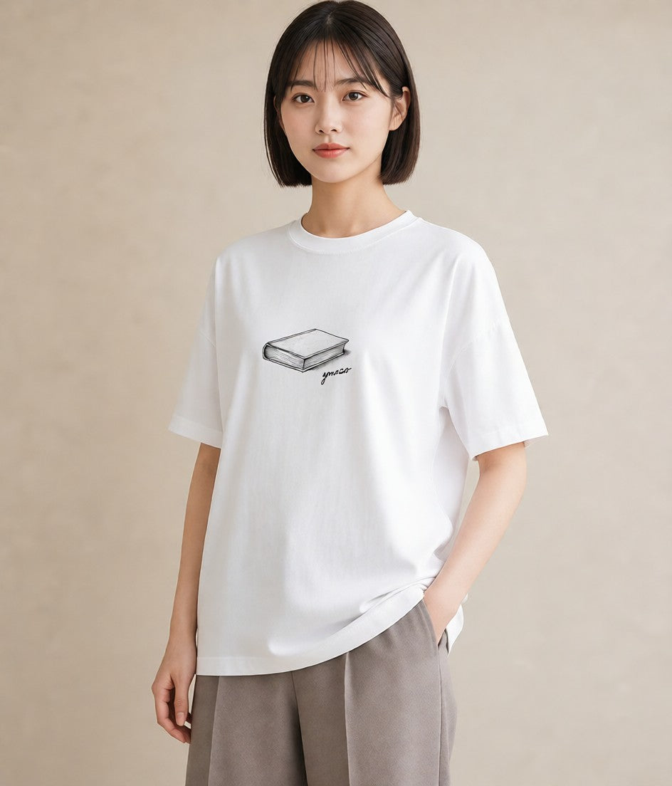 デザインTシャツ レディース 本 読書 ブック イラスト 水彩風 ラフ レイヤード 白T